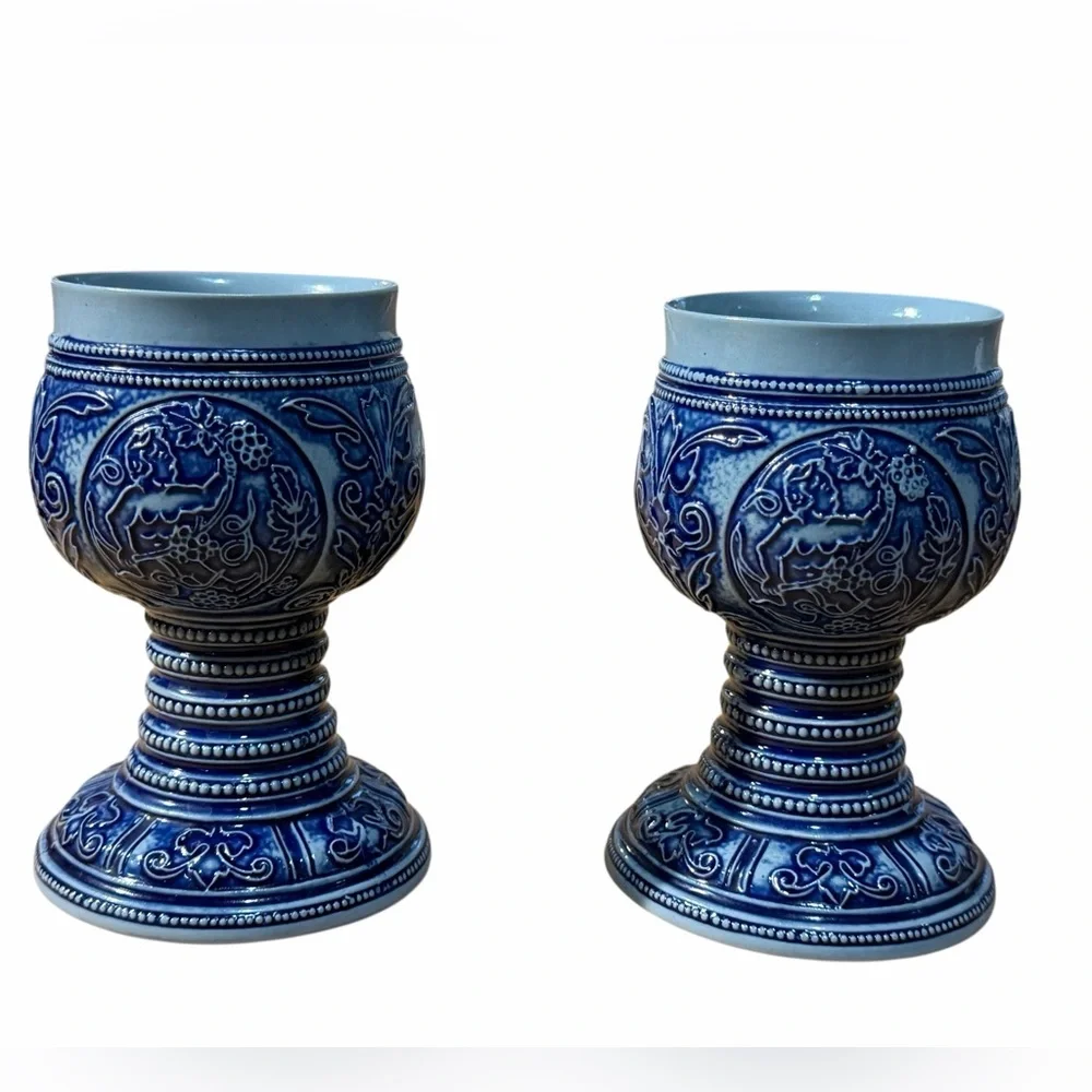 Vintage German Ceramic Wine Beer Cups Set- Plein Weinkrug und Weinbecher 1900